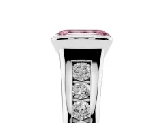Fancy Pink Emerald Cut Diamond Bezel-Set Solitaire Ring Set in White gold with Channel-Set Band