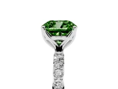 Fancy Green Cushion Cut Diamond Solitaire Engagement Ring Set in White gold with Round Pavé Band and Prong Setting