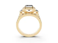 Fancy Black Asscher Cut Diamond Halo Split Shank Ring Set in Yellow gold with Round Accent Stones and Prong Setting