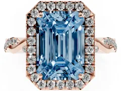 Fancy Blue Emerald Cut Diamond Halo Twist Band Solitaire Ring Set in Rose gold with Prong Setting