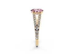 Fancy Pink Oval Cut Diamond Split Shank Pavé Engagement Ring Set in Yellow gold with Prong-Held Center Stone