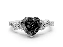 Fancy Black Heart Cut Diamond Ring Set in White gold with Scattered Round Accents