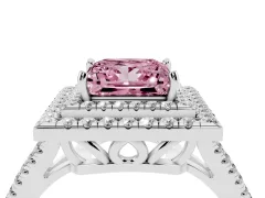 Fancy Pink Princess Cut Diamond Double Halo Ring Set in White gold with Pavé Band