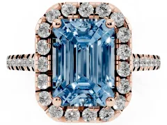 Fancy Blue Emerald Cut Diamond Cushion Halo Ring Set in Rose gold with Pavé Band