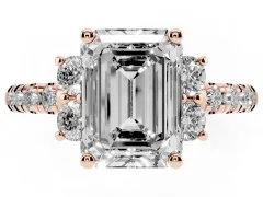 Emerald Cut Diamond Three-Stone Pavé Ring Set in Rose gold with Prong Setting