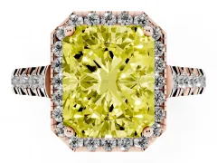 Fancy Yellow Radiant Cut Diamond Halo Engagement Ring Set in Rose gold with Pavé Band and Prong-Set Center