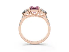 Fancy Pink Asscher Cut Diamond Three-Stone Ring Set in Rose gold with Pavé Band