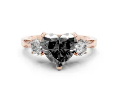 Fancy Black Heart Cut Diamond Three-Stone Ring Set in Rose gold with Pavé Band and Smaller Side Stones