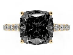 Fancy Black Cushion Cut Diamond Solitaire Engagement Ring Set in Yellow gold with Round Pavé Band and Prong Setting