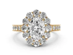 Oval Cut Diamond Halo Pavé Engagement Ring Set in Yellow gold with Milgrain Detailing