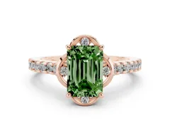 Fancy Green Emerald Cut Diamond Solitaire Ring Set in Rose gold with Pavé Band and Floral Prong Setting
