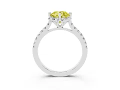 Fancy Yellow Round Cut Diamond Solitaire Ring Set in Platinum with Pavé Band and Floral Prong Setting
