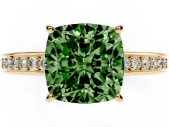 Fancy Green Cushion Cut Diamond Pavé Band Prong Set Solitaire Ring Set in Yellow gold