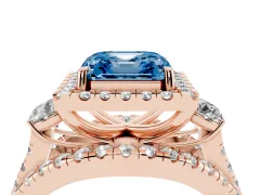 Fancy Blue Asscher Cut Diamond Halo Split Shank Ring Set in Rose gold with Round Accent Stones and Prong Setting