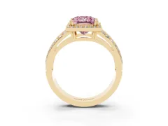 Fancy Pink Princess Cut Diamond Halo Ring Set in Yellow gold with Double Pavé Split Shank