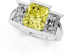 Fancy Yellow Radiant Cut Diamond Three-Stone Channel Set Ring Set in White gold with Smooth Polished Band