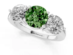 Fancy Green Round Cut Diamond Three-Stone Ring Set in Platinum with Prong Setting and Plain Band