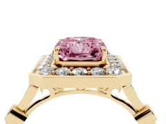 Fancy Pink Radiant Cut Diamond Halo Engagement Ring Set in Yellow gold with Twisted Band and Prong Setting