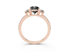 Fancy Black Cushion Cut Diamond Three-Stone Ring Set in Rose gold with Pavé Band and Graduated Sides