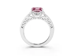 Fancy Pink Asscher Cut Diamond Halo Ring Set in White gold with Channel Set Band and Prong Setting