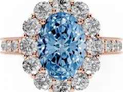 Fancy Blue Oval Cut Diamond Halo Pavé Engagement Ring Set in Rose gold with Milgrain Detailing