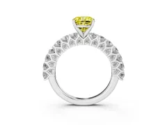 Fancy Yellow Cushion Cut Diamond Solitaire Ring Set in Platinum with Shared Prong Pavé Band