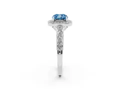 Fancy Blue Cushion Cut Diamond Milgrain Halo Solitaire Ring Set in Platinum with Bezel Set Side Stones and Pavé Band