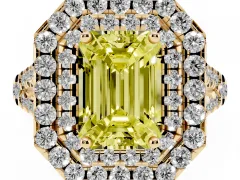 Fancy Yellow Emerald Cut Diamond Double Halo Ring Set in Yellow gold with Pavé Split Shank and Prong Setting