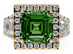 Fancy Green Asscher Cut Diamond Halo Split Shank Ring Set in Yellow gold with Round Accent Stones and Prong Setting