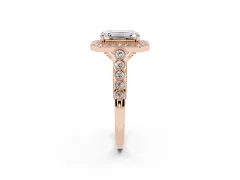 Emerald Cut Diamond Milgrain Halo Solitaire Ring Set in Rose gold with Bezel Set Side Stones and Pavé Band