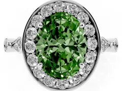 Fancy Green Oval Cut Diamond Halo Engagement Ring Set in White gold with Twisted Band and Prong Setting