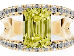 Fancy Yellow Emerald Cut Diamond Split Shank Pavé Solitaire Ring Set in Yellow gold with Open Shank Design
