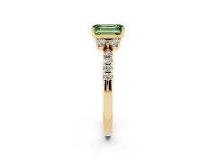 Fancy Green Emerald Cut Diamond Three-Stone Pavé Ring Set in Yellow gold with Prong Setting