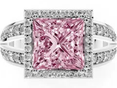 Fancy Pink Princess Cut Diamond Halo Ring Set in White gold with Double Pavé Split Shank