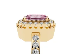 Fancy Pink Emerald Cut Diamond Halo Ring Set in Yellow gold with Pavé Shank and Prong Setting