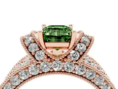 Fancy Green Emerald Cut Diamond Milgrain Halo Pavé Engagement Ring Set in Rose gold with Prong Setting