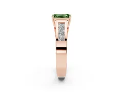 Fancy Green Emerald Cut Diamond Solitaire Ring Set in Rose gold with Channel-Set Accent Stones and Prong Setting