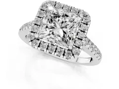 Princess Cut Diamond Pavé Halo Engagement Ring Set in White gold with Pavé Band and Prong Setting