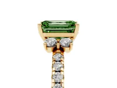 Fancy Green Emerald Cut Diamond Three-Stone Pavé Ring Set in Yellow gold with Prong Setting