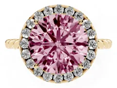 Fancy Pink Round Cut Diamond Halo Ring Set in Yellow gold with Plain Twisted Band