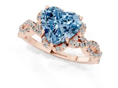 Fancy Blue Heart Cut Diamond Halo Twist Band Solitaire Ring Set in Rose gold with Prong-Set Center Stone