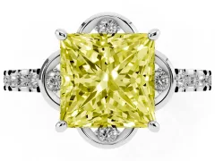 Fancy Yellow Princess Cut Diamond Solitaire Ring Set in Platinum with Pavé Band and Floral Prong Setting