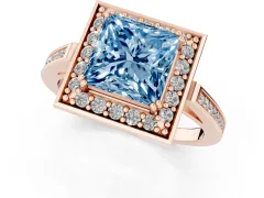 Fancy Blue Princess Cut Diamond Halo Ring Set in Rose gold with Accent-Lined Split Shank and Prong Setting