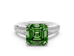 Fancy Green Asscher Cut Diamond Split Shank Pavé Engagement Ring Set in Platinum with Prong-Set Center Stone