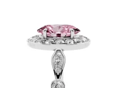 Fancy Pink Oval Cut Diamond Halo Engagement Ring Set in White gold with Twisted Band and Prong Setting
