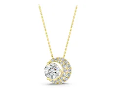 Round Prong-Set Diamond Pendant Set in Yellow gold with Pavé Crescent