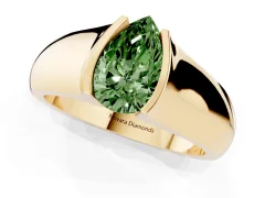 Fancy Green Pear Cut Diamond Bezel Solitaire Ring Set in Yellow gold with Wide Band
