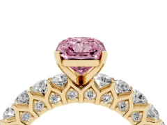 Fancy Pink Radiant Cut Diamond Solitaire Ring Set in Yellow gold with Shared Prong Pavé Band