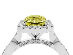 Fancy Yellow Emerald Cut Diamond Halo Twist Band Solitaire Ring Set in Silver with Prong Setting