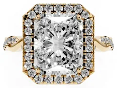 Radiant Cut Diamond Halo Twist Band Solitaire Ring Set in Yellow gold with Prong Setting
